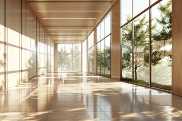 Beautiful modern spacious office hall with panoramic windows in natural beige and brown tones