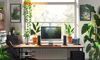 Home Office: cozy places for distance working style, boost productivity and efficiency. Work from home in comfortable virtual office. Freelancer study room, neat, clean, minimal, modern, flexible.