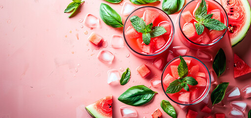 A flat lay with various fruit and berries watermelon peach mint plum apricots blueberry currant on a solid colorfull background, banner design