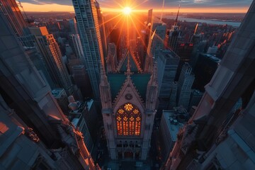 Aerial view of Midtown Manhattan at sunset with a view of St Patricks Cathedral