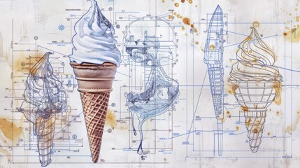 "Conceptual illustration of ice cream cones with blueprints and mechanical drawings, merging food art with engineering design."