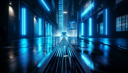 Futuristic Urban Night Scene With Lone Car Illuminated by Blue Neon Lights