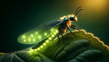 Close-up portrait of a bioluminescent insect on a green leaf at sunset
