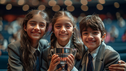 Indian School Students in school uniform, one boy and one girl, holding up a trophy in celebration, auditorium background,generative ai