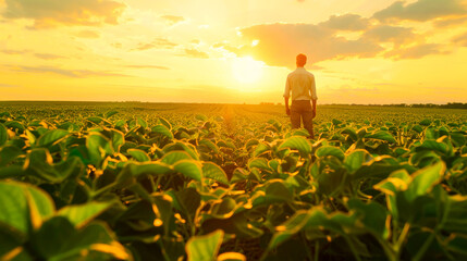 Fototapeta premium Farmer Overlooking Sunset in Lush Soybean Field 