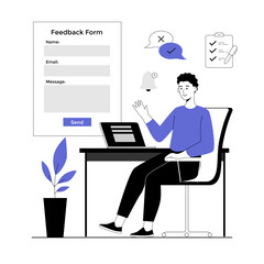 Feedback page concept. Man giving review and filling webpage form with client experience. Vector illustration with line people for web design.
