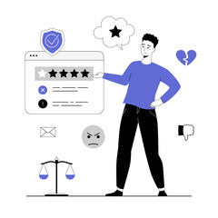 Dissatisfied customer, bad feedback. Customer gives one star, bad review on the website. Vector illustration with line people for web design.