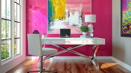 Bright cerise-walled home office featuring a sleek desk and colorful art.