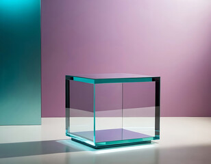 Presentation podium - glass platform on a purple background.