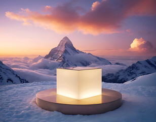 Presentation podium - glass luminous platform against a backdrop of snow-capped mountains.