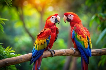 Obraz premium The rainforest. Two large red macaws are sitting on a branch on a blurred tropical background.