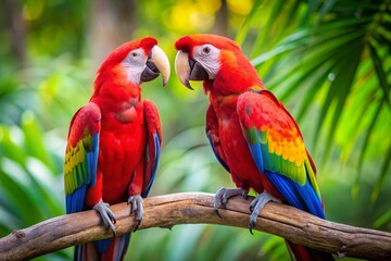 Obraz premium The rainforest. Two large red macaws are sitting on a branch on a blurred tropical background.