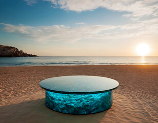 Presentation podium - glass transparent platform against the sea background.