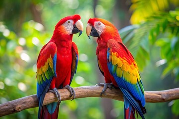The rainforest. Two large red macaws are sitting on a branch on a blurred tropical background.
