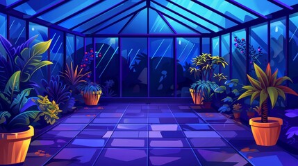 A greenhouse interior at night with potted plants. A large dark orangery with glass walls, windows, roof and stone flooring, ideal for growing flowers. Modern illustration of a cartoon greenhouse.