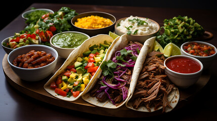 Showcase a colorful taco spread--soft tortillas, vibrant salsa, shredded lettuce, and your choice of protein (beef, chicken, or plant-based).