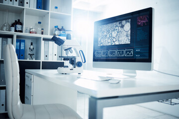 Empty, room and microscope with computer in laboratory for medical workspace, science and...