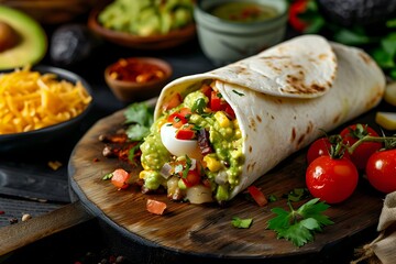 Close Up of Delicious Stuffed Breakfast Burrito on Wooden Table with Layers of Flavors and Textures