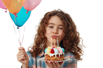 Birhday girl celebrating, holding air balloon and cake, blowing whistle, isolated on isolated transparent background