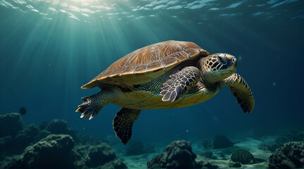 Vertical closeup view of a green sea turtle swimming under the ocean. Generative .Ai
