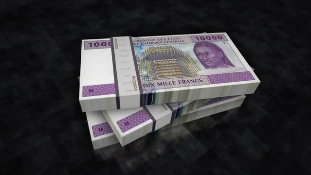 Central African CFA Franc money Cameroon Chad Congo Gabon pile pack. Concept background of economy, banking, business, crisis, recession, debt and finance. 10000 XAF banknotes stacks 3d animation.