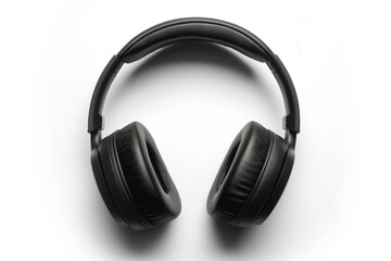 Top view of stylish black over-ear headphones isolated on white, symbolizing modern music technology
