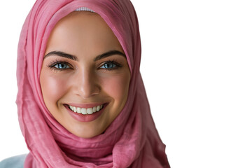 Happy Muslim woman in pink hijab, cheerfully smiles at camera, posing on isolated transparent background