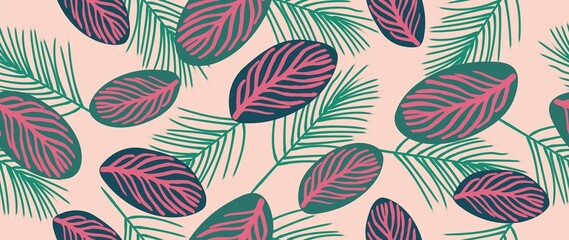 Flat illustration. Modern colorful tropical leaf pattern. Cute abstract seamless pattern. Perfect for print, textile, cover, card, poster and more..