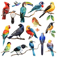 Birdwatchers Delight Watercolor Birds Clipart featuring a variety of bird species commonly spotted by birdwatchers, water color ,clipart 