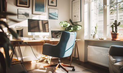 Home Office: cozy places for distance working style, boost productivity and efficiency. Work from home in comfortable virtual office. Freelancer study room, neat, clean, minimal, modern, flexible.