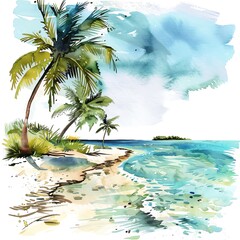 Escape Watercolor Travel Clipart showcasing secluded beaches, tranquil islands, and remote getaways for relaxation ,water color 