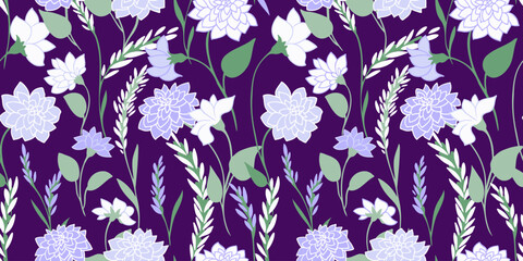 Obraz premium Abstract artistic branches with wild flowers, small leaves, tiny buds intertwined in a seamless pattern on a dark violet background. Vector hand drawn sketch. Creative simple floral stems printing.
