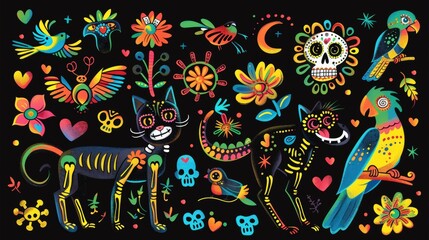 Day of the Dead, mexican Day of the Dead with skeletons of cats, dogs, parrots and lizards with colorful bones, skulls, hearts and flowers.