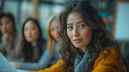 Fototapeta premium Engaging presentation: Vibrant Asian woman in boardroom, explaining with flip chart. Colleagues captivated, casual setting,generative ai