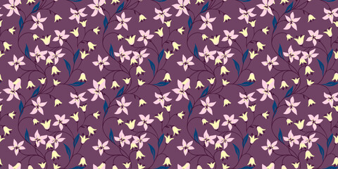 Abstract artistic branches with tiny flowers bells and leaves intertwined in a seamless pattern. Creative wild floral stems printing on a burgundy background. Vector hand drawn. Template for designs