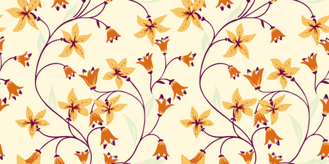 Creative yellow wild floral stems intertwined in a seamless pattern. Abstract artistic branches with tiny flowers bells printing. Vector hand drawn. Template for designs, fabric, fashion