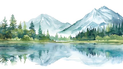 Nature Retreat Watercolor Travel Clipart showcasing serene landscapes, mountains, forests, and lakes for outdoor adventures, water color ,clipart 