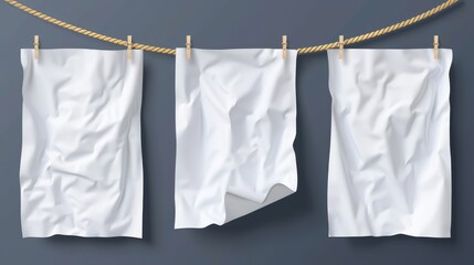 Folded posters hang on ropes and pins, white paper blank sheets have wrinkled textures. Mockup of a letter, advertisement, or flyer with folded pages, crumpled and torn.