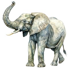 Fototapeta premium Regal Watercolor African Animals Clipart showcasing a majestic elephant with its trunk raised in the air