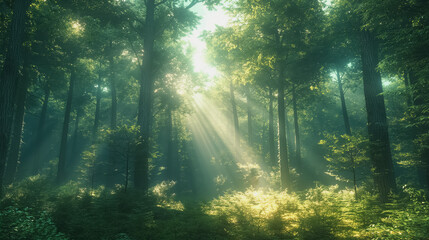 Obraz premium A forest with sunlight shining through the trees