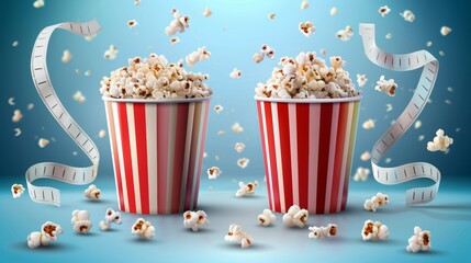 Flyer for movie theater with striped paper boxes and popcorn. Modern illustration of popcorn and cinema tape on white and red buckets.