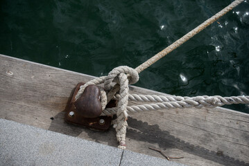 closeup of Boat rope moored on the port