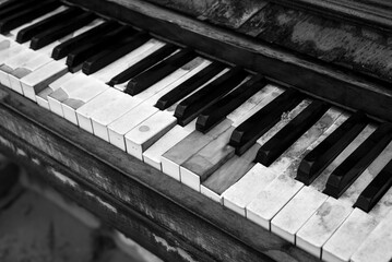 Closeup of vintage piano keyboard in outdoor by rainy day