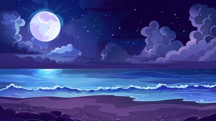 Walking on beach at night banner. Modern landing page with cartoon summer landscape with sea, coastline, and clouds in the middle of the night.