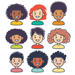 Diverse group cartoon characters smiling, character showcases different ethnicities, hairstyles, clothing colors. Illustration ideal inclusive, multicultural themes