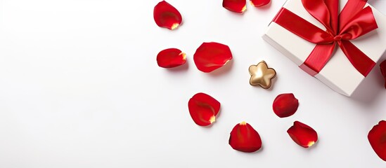 A Valentine s Day gift including a red gift box and red rose petals is displayed on a white background from a top view The image provides copy space