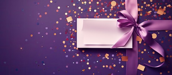 Top view of a violet background with a greeting envelope adorned with a ribbon A birthday card...