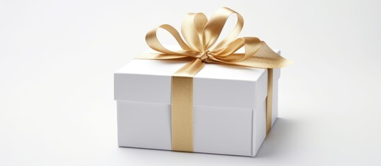 Obraz premium A stunning gift box with a delicate satin ribbon and a blank label set against a clean white background perfect for a copy space image