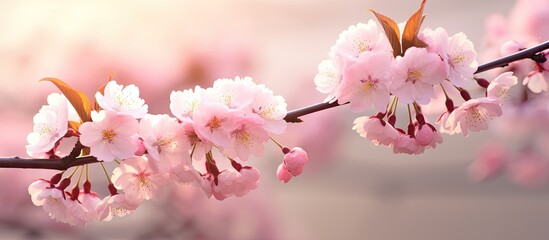 Cherry blossom flowers in the garden create a beautiful scene with a copy space image
