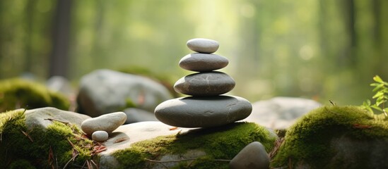 Zen like balance and harmony in a forest with a stack of traditional stones Ample space available...